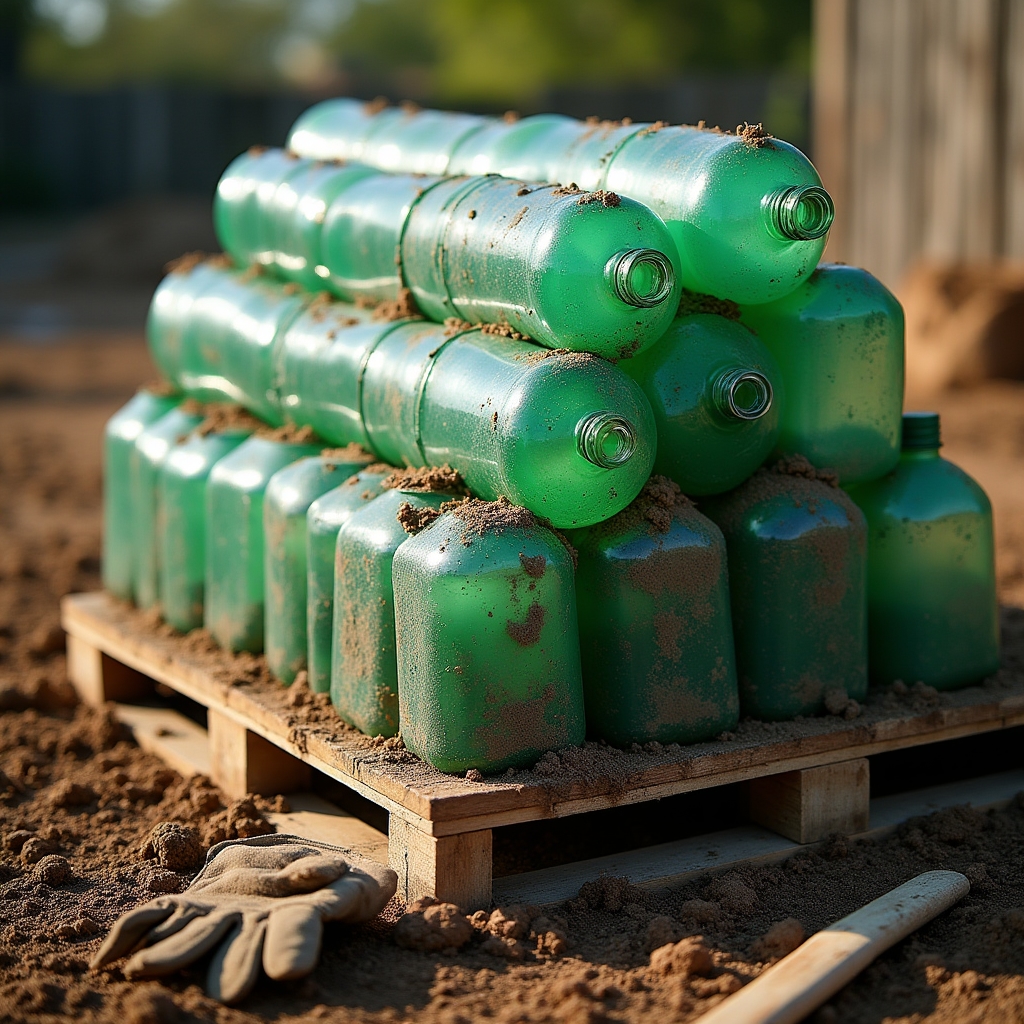 Botellas plásticas PET rellenas de tierra compactada apiladas antes de ser usadas como bloques constructivos