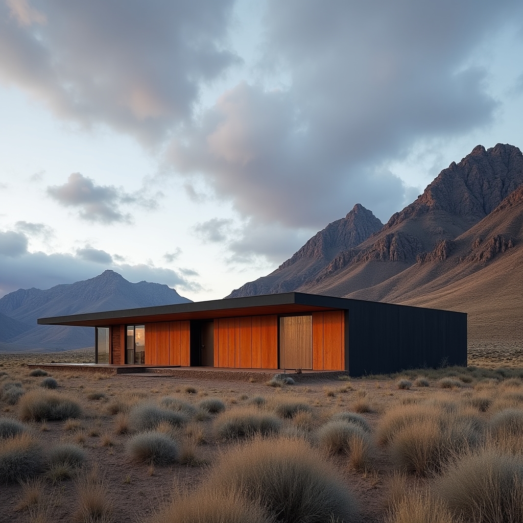 Fachada de una vivienda bioclimática de tierra con grandes ventanales orientados al norte en la Patagonia