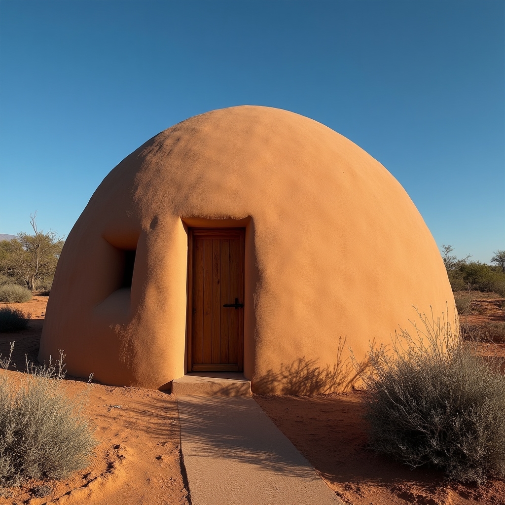 Habitación de veinte metros cuadrados construida con la técnica de superadobe, con paredes curvas revocadas