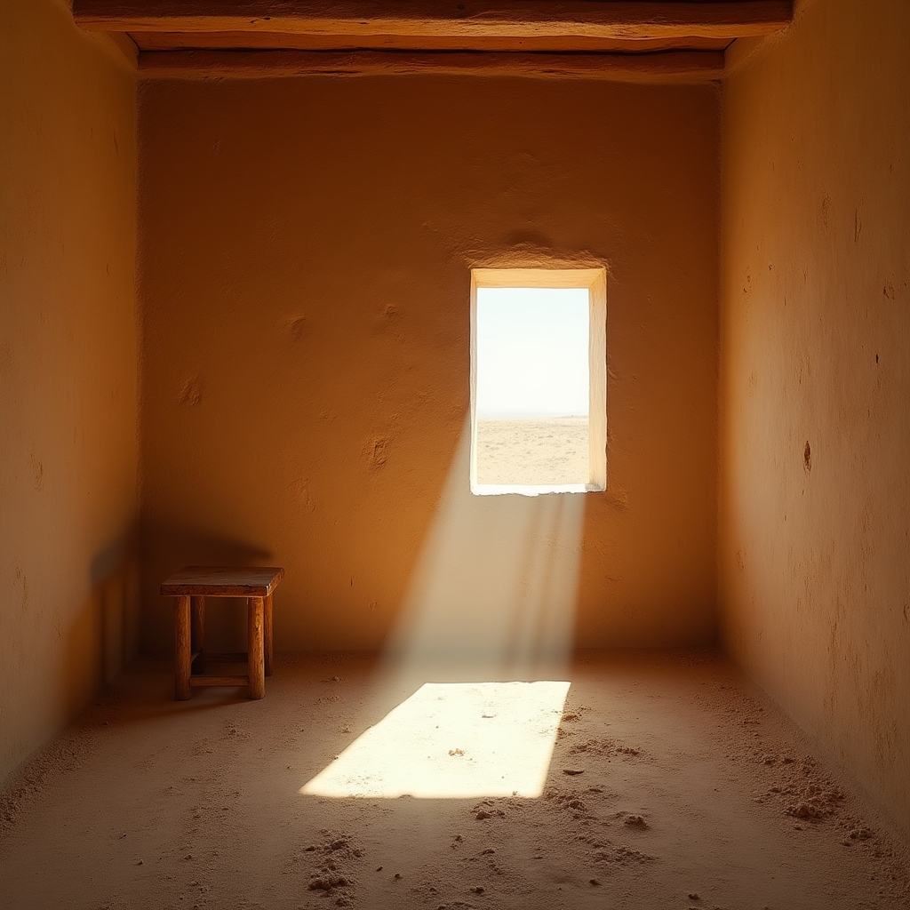Interior de una habitación de adobe iluminada por luz natural entrando por una ventana pequeña