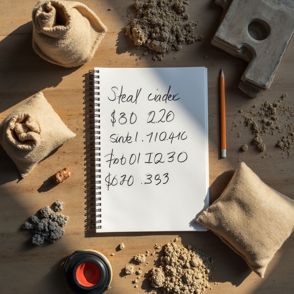 Materiales de construcción apilados en una obra incluyendo bolsas de tierra y herramientas