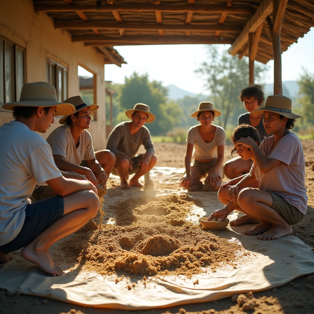 Grupo de personas participando de un taller comunitario de bioconstrucción al aire libre